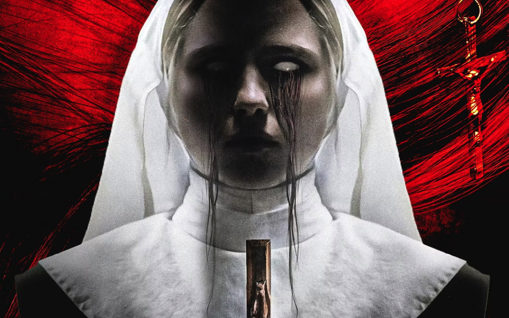 A nun with white eyes on a red background
