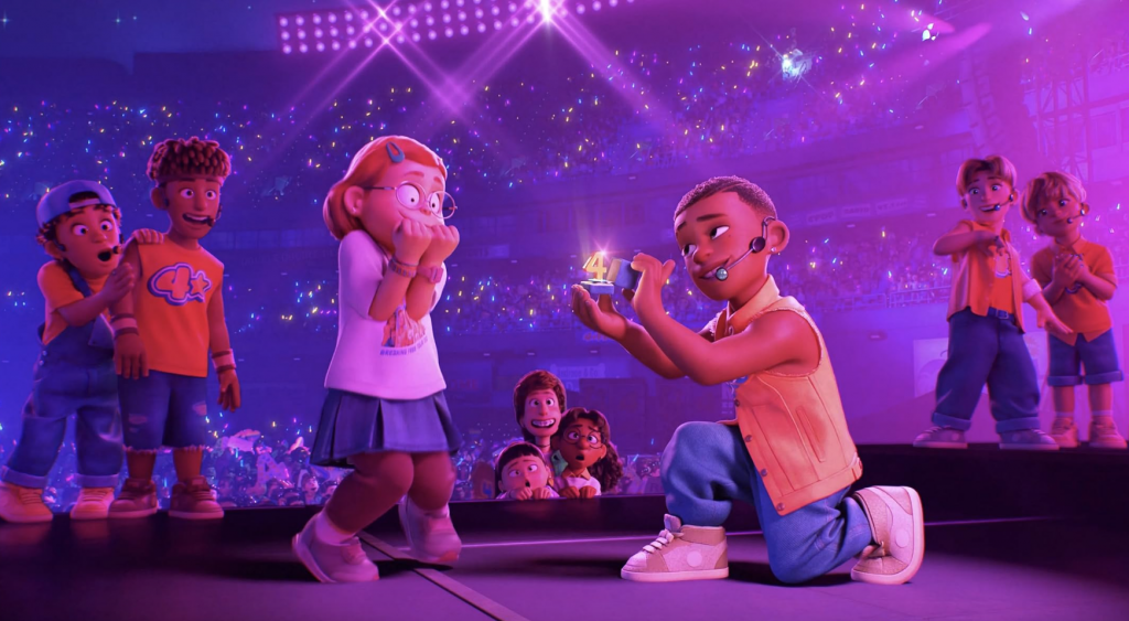 A cartoon character on stage

Description automatically generated